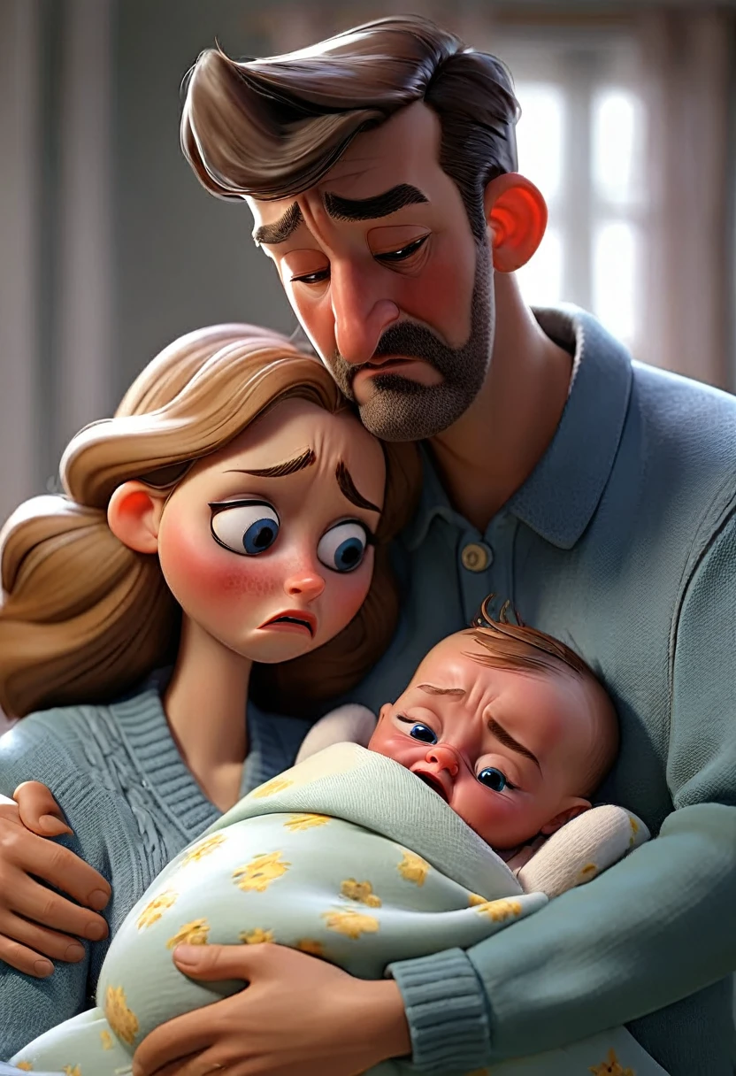 Sick father with his wife at his side crying with his in his arms