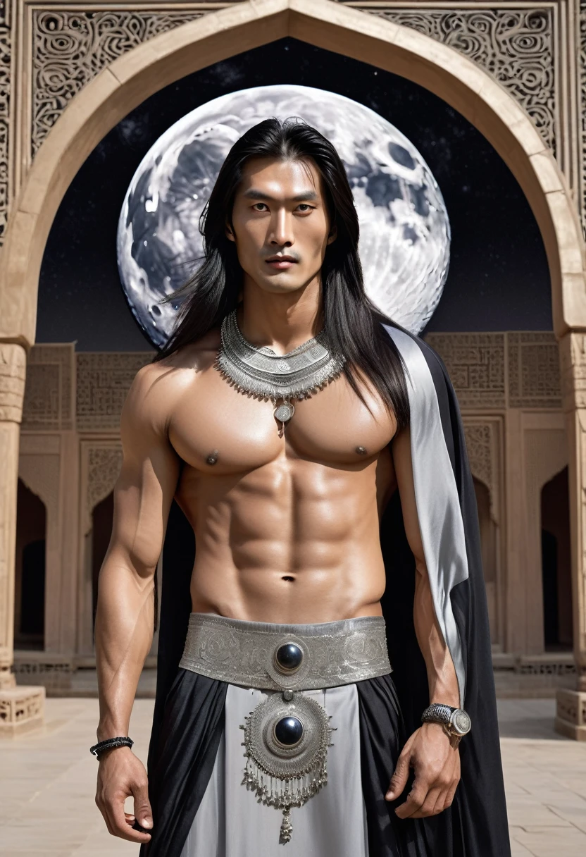 huge sexy masculine inflated tall man with long flowing straight hair in full height with open eyes, Looking Forward, on his face there are two black stripes on his cheeks - the moon god, Asian appearance, silver jewelry, topless, in a floor-length silver skirt, semicircular patterns on clothes, depicting the moon, Covered with a black canopy, in black clothes, semicircular symbols on clothes    
In the temple with Arabic architecture 