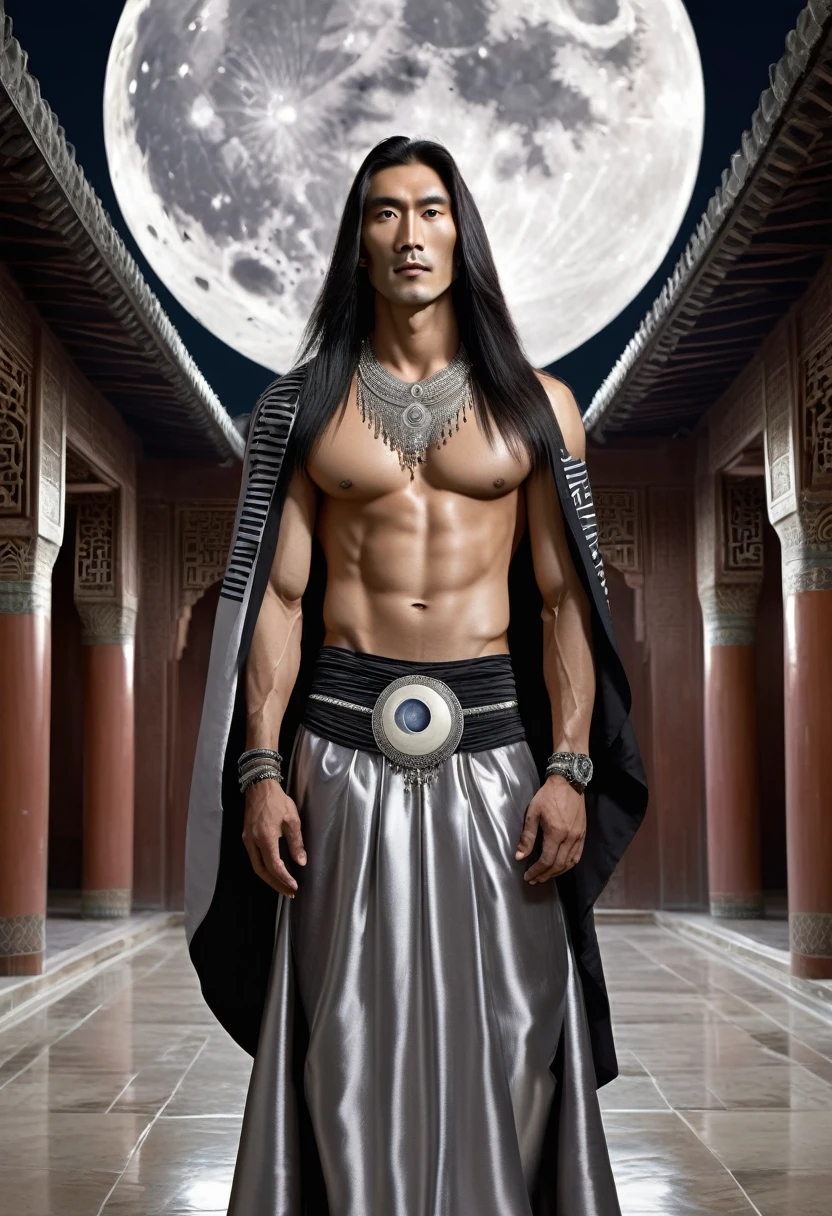 huge sexy masculine inflated tall man with long flowing straight hair in full height with open eyes, Looking Forward, on his face there are two black stripes on his cheeks - the moon god, Asian appearance, silver jewelry, topless, in a floor-length silver skirt, semicircular patterns on clothes, depicting the moon, Covered with a black canopy, in black clothes, semicircular symbols on clothes    
In the temple with Arabic architecture 