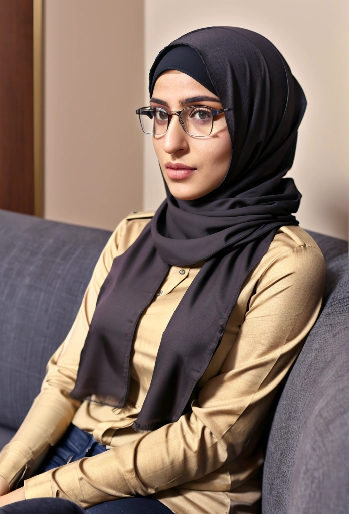 glasses arab girl in straight hijab Jean's pant sitting at sofa security camera view