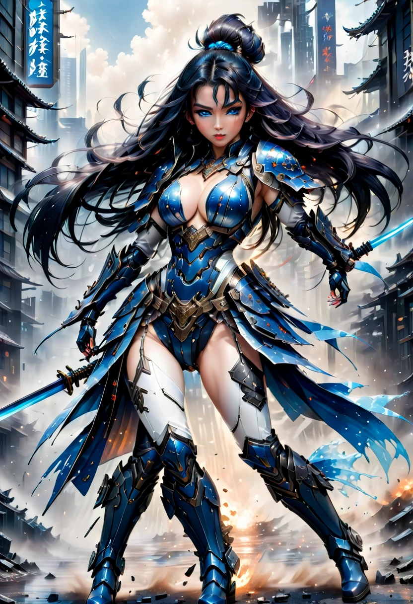 Japanese water color art picture of a mecha samurai woman in cyberpunk city, a mecha samurai woman, exquisite beautiful woman, fully clothed black hair, long hair, (blue eyes: 1.3), she stands ready to battle, wearing (white mecha armor: 1.3), high heeled boots, she is armed with a Japanes sword, Japanese Cyberpunk city at night, background, (Masterpiece: 1.5), 16k, highres, best quality, high details, ultra detailed, masterpiece, best quality, (extremely detailed), arafed, mecha, drkfntasy