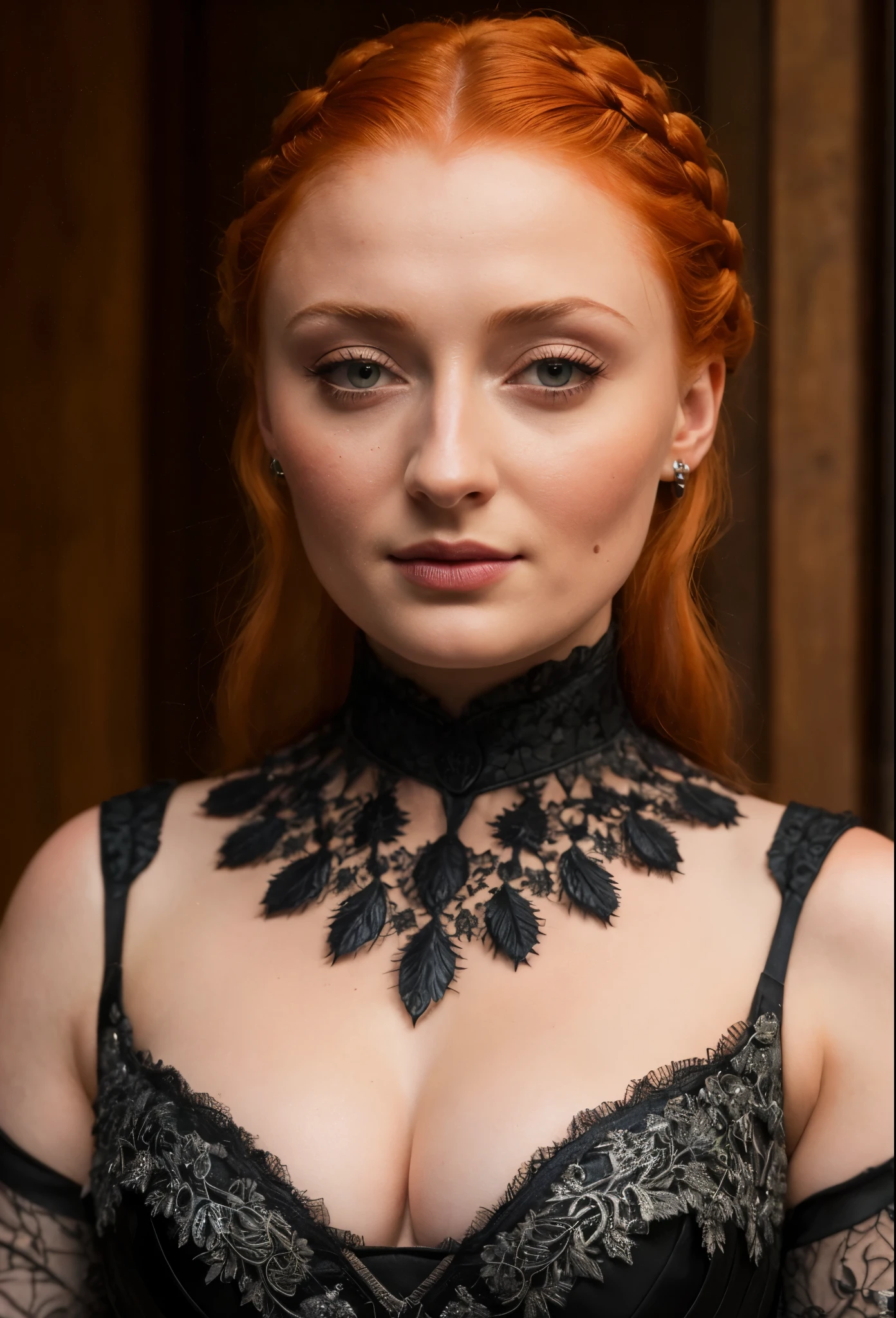 Face of Sophie Turner, Sansa Stark played by Sophie Turner, the de facto Lady of the Eyrie, is a 40-year-old mature queen with a stunning, alluring appearance. Full Face, Full figured woman, pierced eyes, reddish lips, upper body shot, erotic Mediaeval costumes, game of thrones costumes, She wears a Game of Thrones-inspired costume and has a deep cleavage, a perfect thick body, and a perfect thick figure. The photograph captures her in a close-up, with her skin texture and facial features being ultra-realistic and realistic. Juicy thick figure, high quality skin, Skin pores, amazing details, snow, snow flakes, semi realistic, extremely detailed eyes, dark moody orange and black settings, cool environment, artificial intelligence