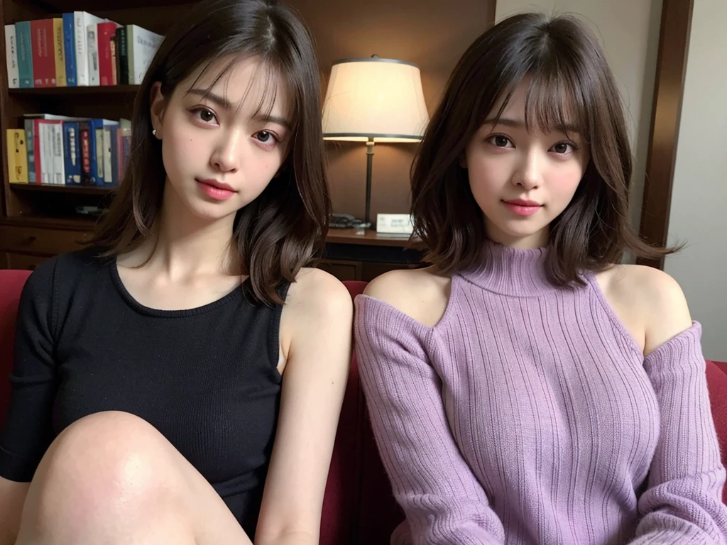 (Sleeveless:1.3) beautiful, thin, Fair Arms　Pureeros　(super highest quality:1.3) (Very realistic, Realistic:1.3), (Sharp focus:1.3) Pure　(Sharp focus:1.3) Wide background々Luxurious living room　Bookshelf　3D　Beautiful gradients　  A happy and kind smile　Very high quality and stylish　See-through bangs　　Elegant and intelligent　Clean and stylish　Excellent Education　Women's Fashion Magazine　model　　 (Realistic and very high quality:1.3). (High resolution/High resolution:1.3)　　Tabletop, Very delicate and beautiful, Soft Light, (Brown Hair, Shoulder-length straight bob hair)  Beautiful detailed girls, Highly detailed eyes and face, beautifully detailed nose, thin and beautiful eyes, 1 girl, Japanese, Pureな beauty, cute, young, Very stylish　　A spring sweater in spring-like colors　Very stylish　Supported by women　Trending Fashion　, (Medium Chest), Realistic Face, Realistic body, 