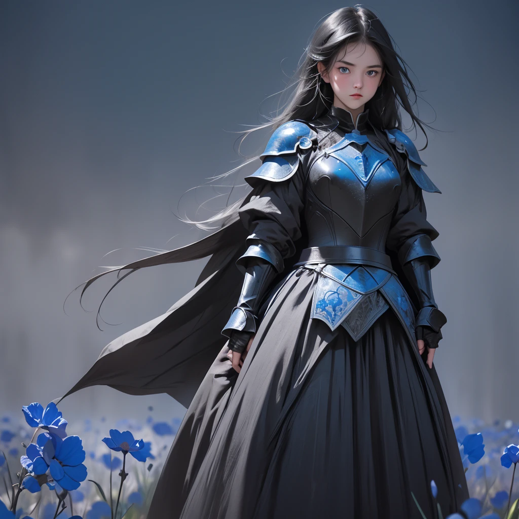 1girl, short black eyes, blue eyes, full black knight armor, black knight armor, standing in the middle of a vast blue flower field, angry face, 8K, Hi-Res
