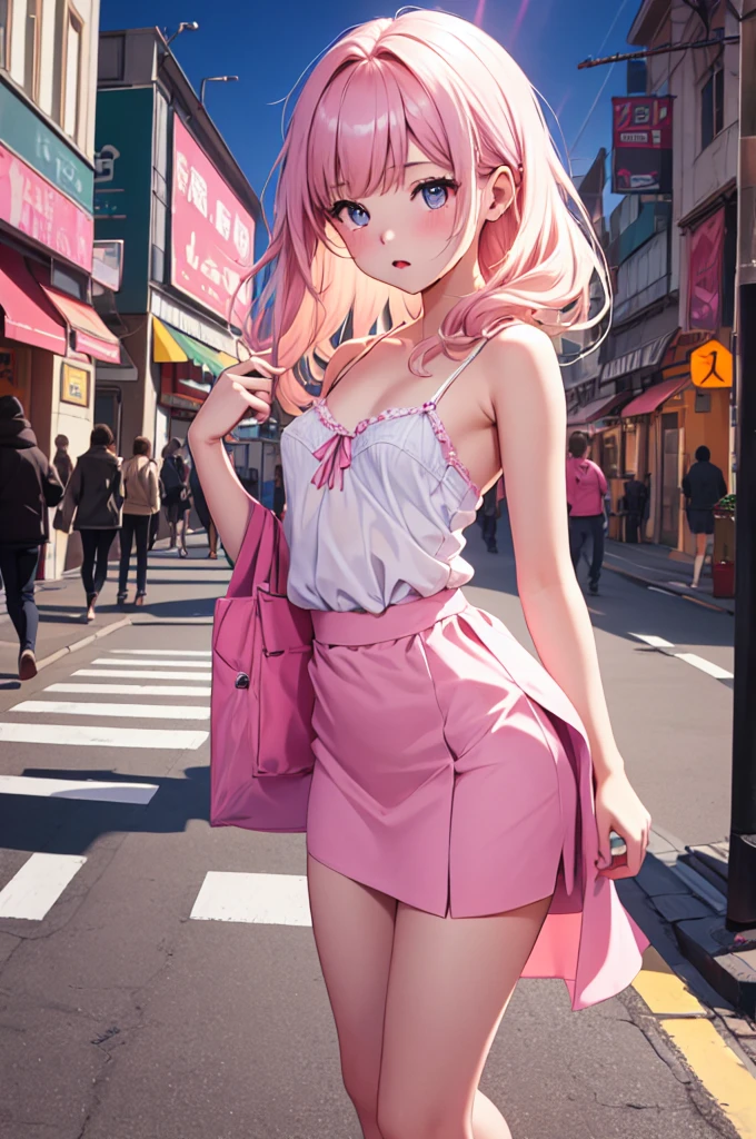 hight resolution, top-quality, ultra-quality, The ultra-detailliert, lighting like a movie、White camisole、a heer nipples 、In the street、1girl in,Colossal 、Exposing the chest、Skirt Lift Up、Small pink panties、