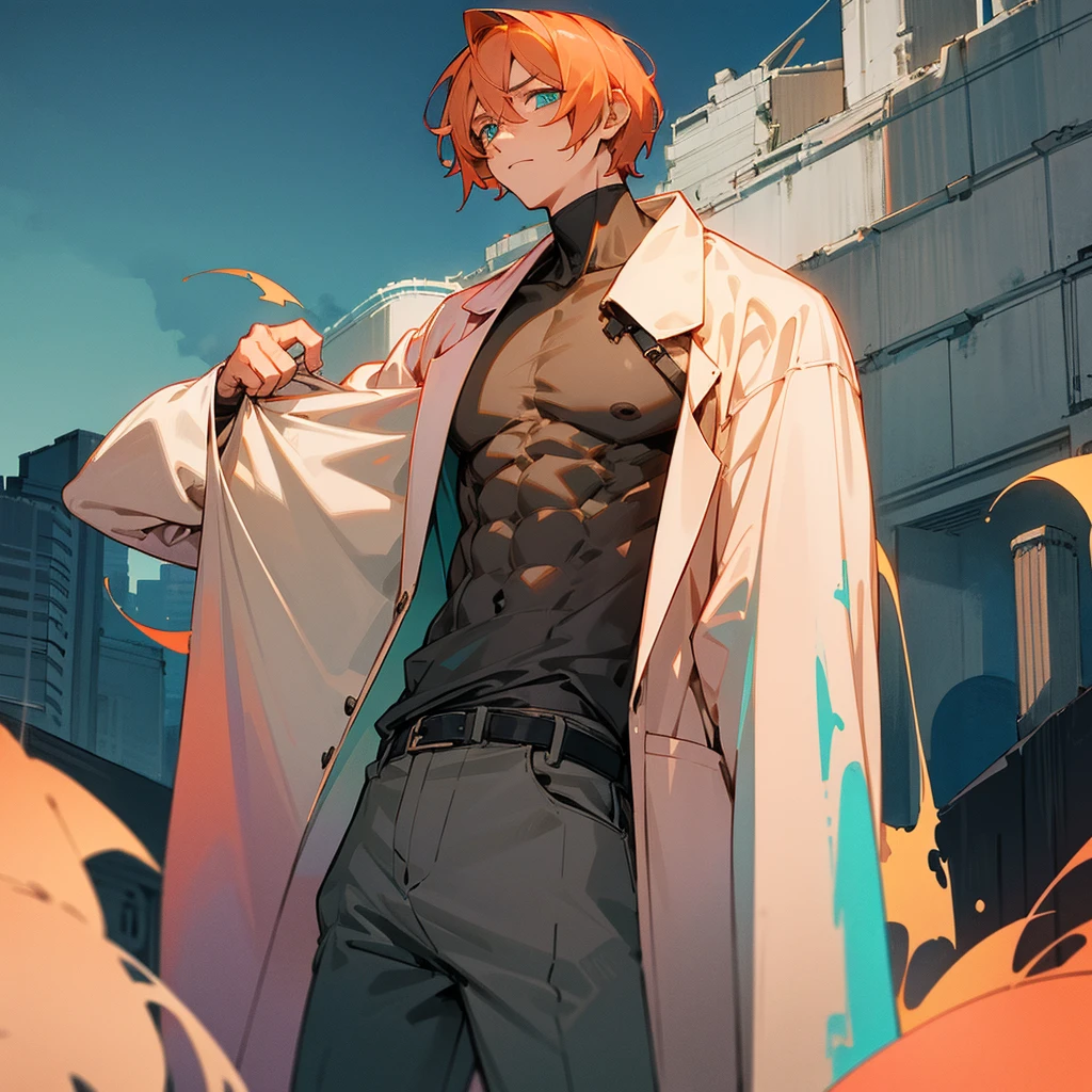 Young guy, short orange hair, cat ears, blue eyes, open torso, Battle mantle, Smile, Masterpiece, hiquality