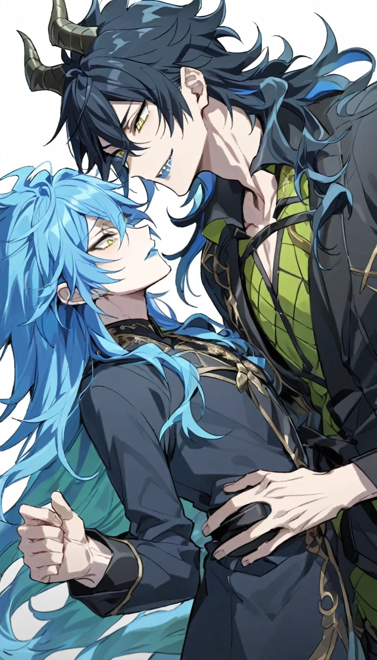 masterpiece, best quality, (1nd boy, malleus draconia \(twisted wonderland\) horns, bishounen, boy, male, yana Toboso style, long hair, black hair, yellow green eyes, smile, gray lips, handsome, skinny, tall, yellow green glow, anime style), (2st boy,Idia Shroud, bishounen, boy, male, yana Toboso style, extremely long hair, blue hair, blue fire hair, wavy hair, yellow eyes, tired expression, blue lips, handsome, skinny, geeky, blue glow, shark teeth, anime style,) 2boy, bangs, lesbian+, small breast, (looking down at another:1.5), small breasts, late teens, (look at each other:1.5), (school uniform), A 18 year old, somewhat muscular male, (Note: The human body should be accurately depicted biologically and anatomically.) Two men are hugging each , looking at viewer,