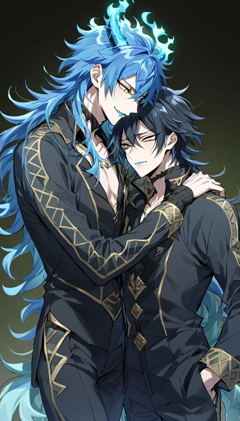masterpiece, best quality, (1nd boy, malleus draconia \(twisted wonderland\) horns, bishounen, boy, male, yana Toboso style, long hair, black hair, yellow green eyes, smile, gray lips, handsome, skinny, tall, yellow green glow, anime style),  (2st boy,Idia Shroud, bishounen, boy, male, yana Toboso style, extremely long hair, blue hair, blue fire hair, wavy hair, yellow eyes, tired expression, blue lips, handsome, skinny,  geeky, blue glow, shark teeth, anime style,) 2boy, bangs, lesbian+, small breast, (looking down at another:1.5), small breasts, late teens, (look at each other:1.5), (school uniform), A 18 year old, somewhat muscular male, (Note: The human body should be accurately depicted biologically and anatomically.) Two men are hugging each , looking at viewer,