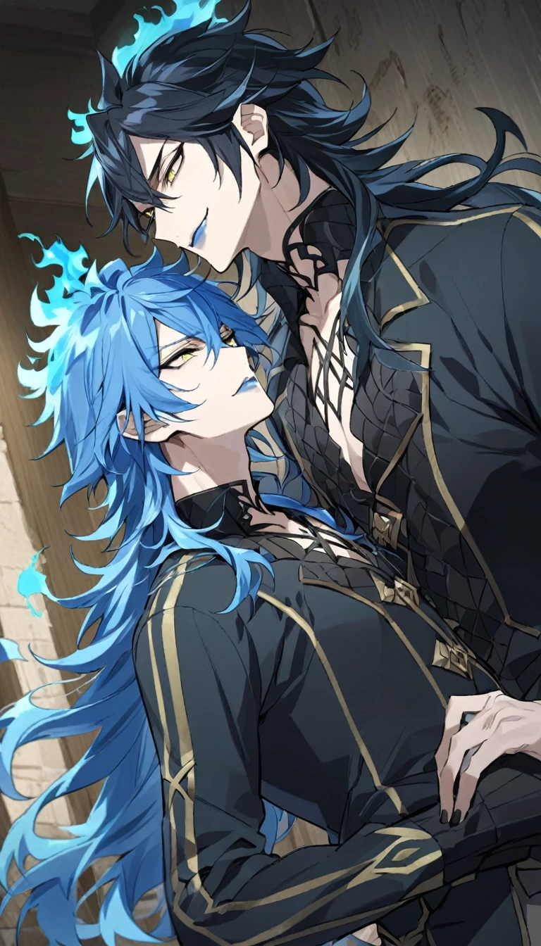 masterpiece, best quality, (1nd boy, malleus draconia \(twisted wonderland\) horns, bishounen, boy, male, yana Toboso style, long hair, black hair, yellow green eyes, smile, gray lips, handsome, skinny, tall, yellow green glow, anime style),  (2st boy,Idia Shroud, bishounen, boy, male, yana Toboso style, extremely long hair, blue hair, blue fire hair, wavy hair, yellow eyes, tired expression, blue lips, handsome, skinny,  geeky, blue glow, shark teeth, anime style,) 2boy, bangs, lesbian+, small breast, (looking down at another:1.5), small breasts, late teens, (look at each other:1.5), (school uniform), A 18 year old, somewhat muscular male, (Note: The human body should be accurately depicted biologically and anatomically.) Two men are hugging each , looking at viewer,