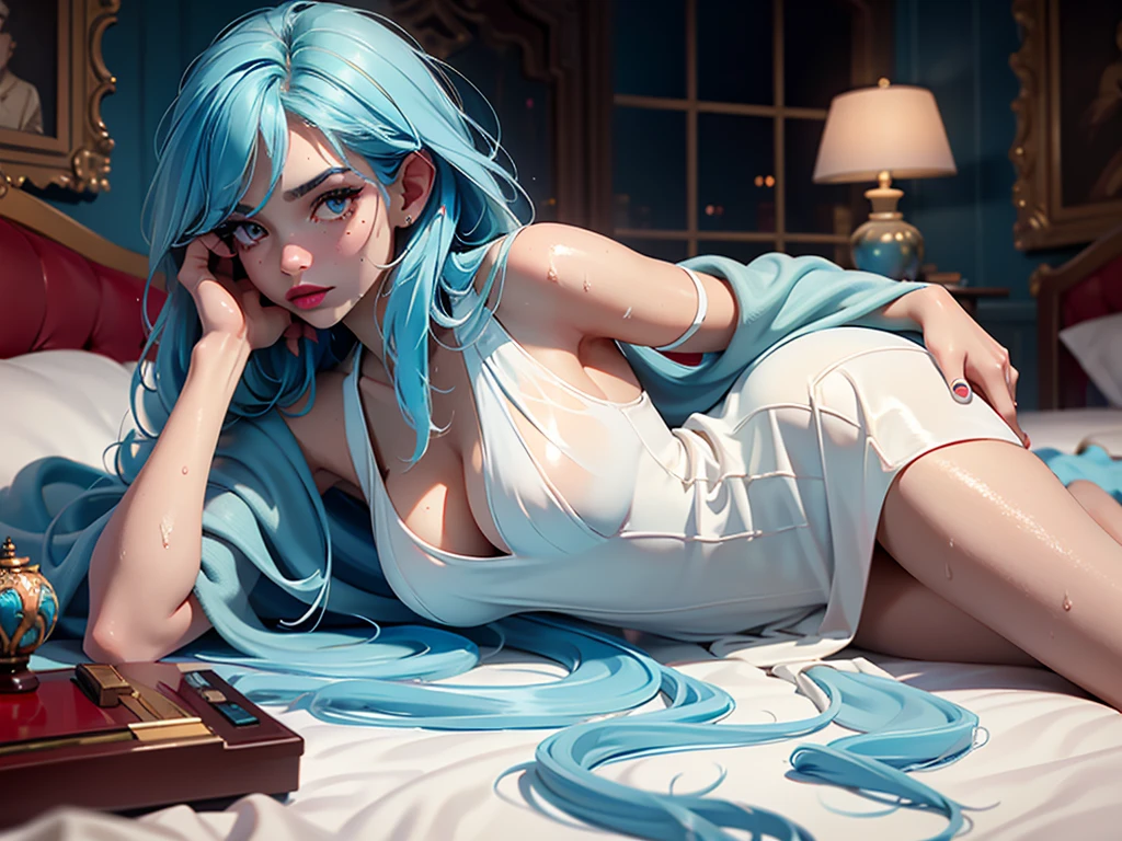 Best quality, Masterpiece, Portrait, Perfect anatomy, Femininity, Cool, Flawless, , Solo, Sexy, Stylish, Mature, Long light blue hair, Mole above lip, Red lipstick, Water drops, Sweat, Wet, Transparent dove sexy dress, in the room he lies on the bed and holds the phone in front of him