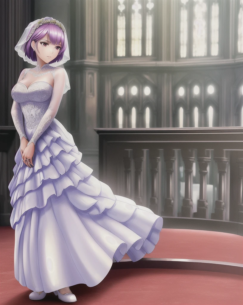 ((masterpiece)),(((Highest quality))), ((Super detailed)), ((figure)), masterpiece, Highest quality, High resolution, {Beautiful attention to detail}, In detail, 4K wallpaper, Beautiful attention to detail, 
(alone, bride:1.2), (Purple Short Hair, Red eyes:1.0), (Attending a church wedding:1.1), (Wearing a white ruffled wedding dress:1.2), 
