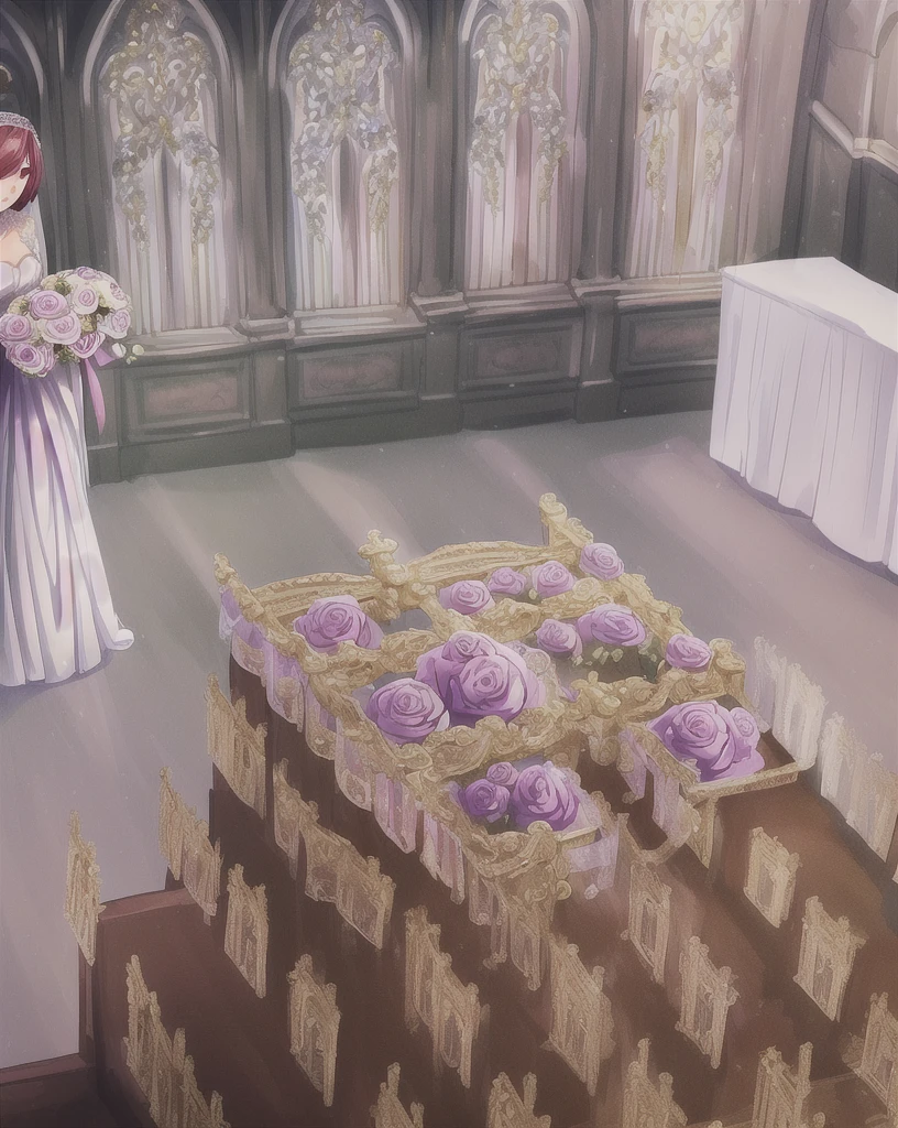 ((masterpiece)),(((Highest quality))), ((Super detailed)), ((figure)), masterpiece, Highest quality, High resolution, {Beautiful attention to detail}, In detail, 4K wallpaper, Beautiful attention to detail, 
(alone, bride:1.2), (Purple Short Hair, Red eyes:1.0), (Attending a church wedding:1.1), (Wearing a white ruffled wedding dress:1.2), 
