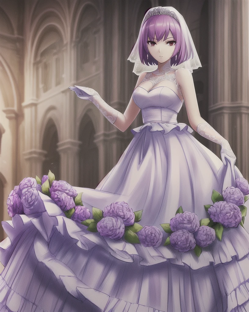 ((masterpiece)),(((Highest quality))), ((Super detailed)), ((figure)), masterpiece, Highest quality, High resolution, {Beautiful attention to detail}, In detail, 4K wallpaper, Beautiful attention to detail, 
(alone, bride:1.2), (Purple Short Hair, Red eyes:1.0), (Attending a church wedding:1.1), (Wearing a white ruffled wedding dress:1.2), 
