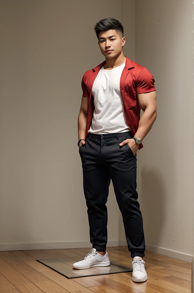 Wonderland, cards of various sizes, coins of various sizes, a young man aged 20, muscular Asian man, dashing and cool, wearing casual clothes and trousers, sports shoes,