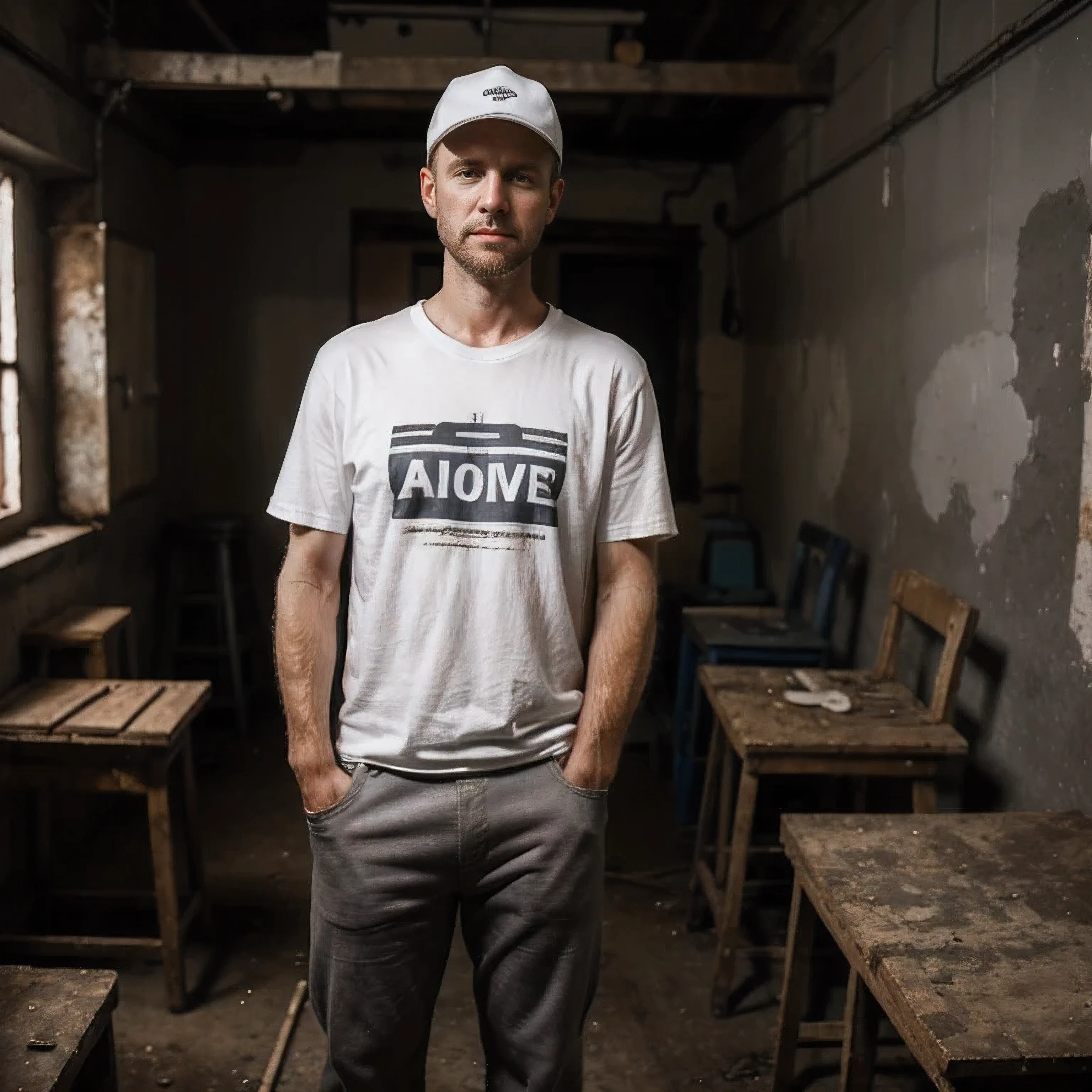 In an old dark room with poor repair stands a white man with his hands in his pockets, 30 years old, wearing a white torn T-shirt and gray pants, cap on his head, standing straight and looking at the camera, thin, 8k