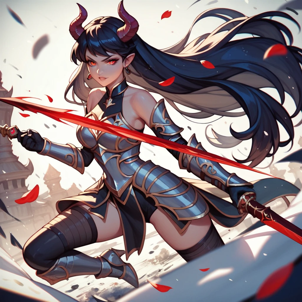 Anime-style image of a costumed woman holding horns and a sword,military commander,red,Armor Suppression,Pussy juice,Torn clothes,Skin Dance,Black Hair,Long Hair,Showing panties,Erect nipples,Skin Dance,No underwear,See through,No underwear,No bra