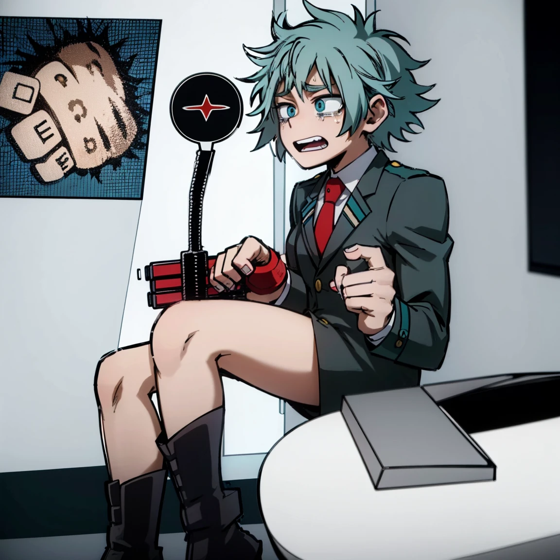 1boy, male focus, boku no hero academia, masterpiece, best quality, very aesthetic, absurdres, medium messy hair, turquoise hair, blue eyes, crying, shy, gray jacket, red tie, white shirt, teal pants, boots