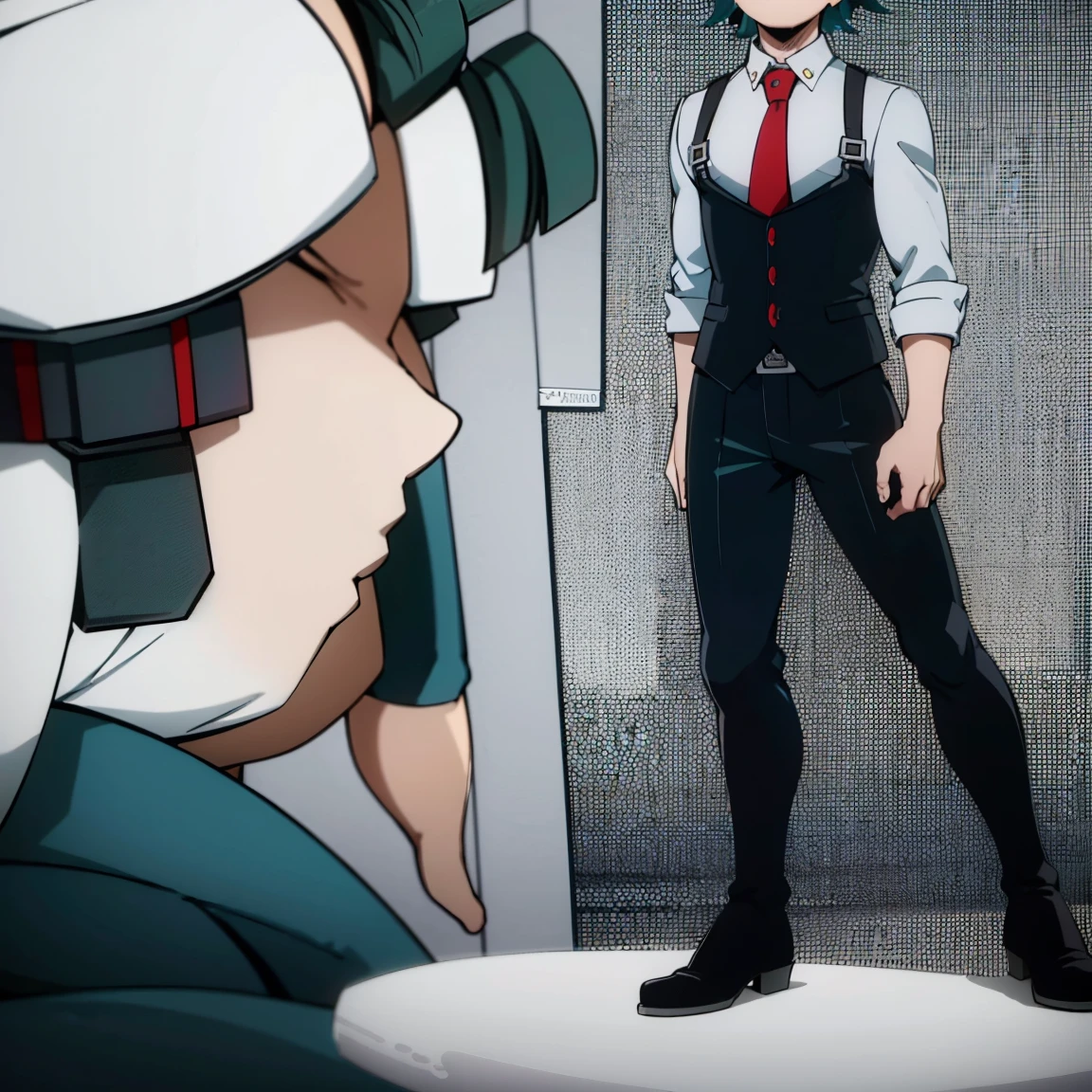 1boy, male focus, boku no hero academia, masterpiece, best quality, very aesthetic, absurdres, medium messy hair, turquoise hair, blue eyes, crying, shy, gray jacket, red tie, white shirt, teal pants, boots