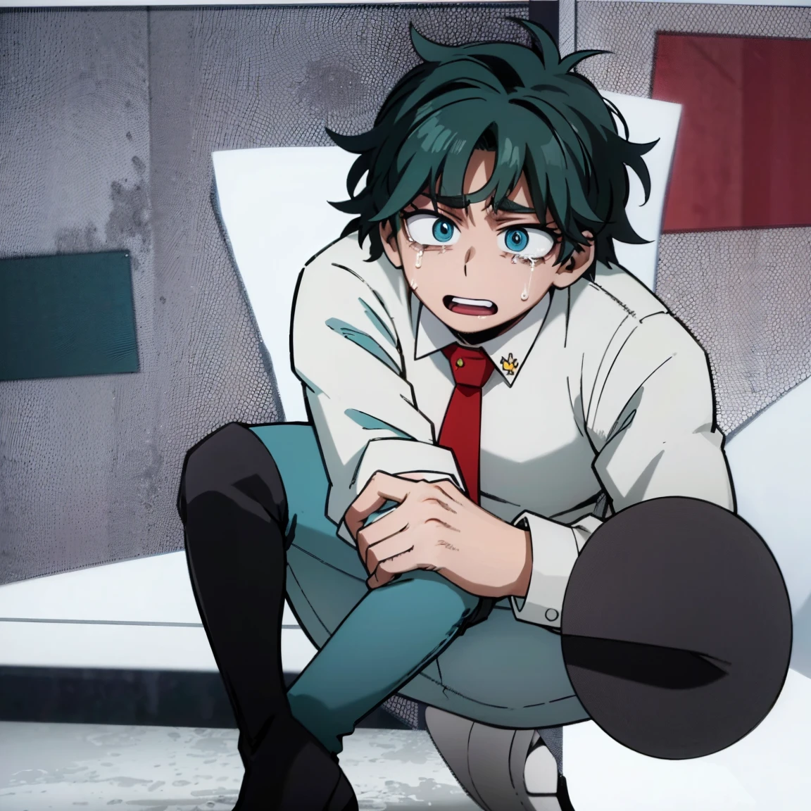 1boy, male focus, boku no hero academia, masterpiece, best quality, very aesthetic, absurdres, short messy hair, turquoise hair, blue eyes, crying, shy, gray jacket, red tie, white shirt, teal pants, boots