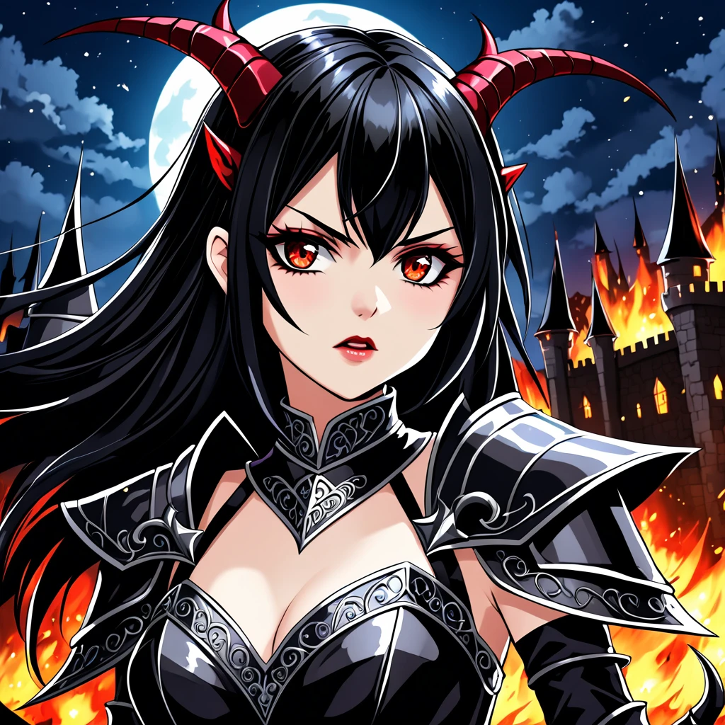 2D anime picture, (anime style 1), girl, 16 years old, sadistic, demoness princess, small demoness horns, beautiful long black hairstyle, in luxury and sexy princess demon knight armor, fight on battlefield, fantasy, Middle Ages, night
