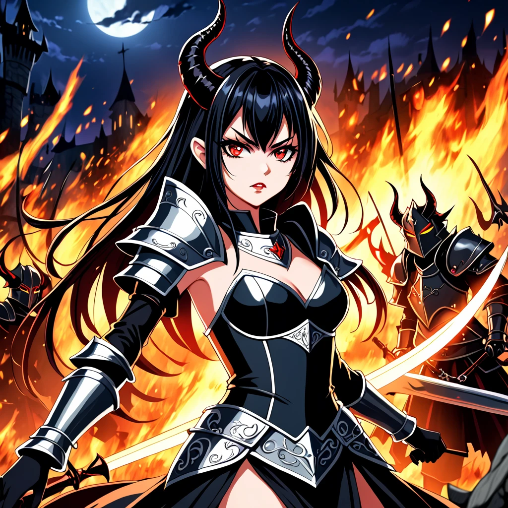 2D anime picture, (anime style 1), girl, 16 years old, sadistic, demoness princess, small demoness horns, beautiful long black hairstyle, in luxury and sexy princess demon knight armor, fight on battlefield, fantasy, Middle Ages, night