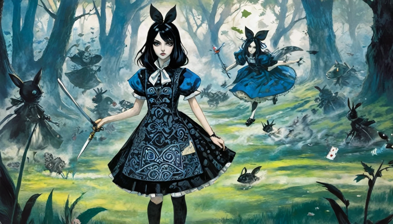 1girl, expressive black eyes, black hair, black patterned clothes dress ready for the battle, in wonderland, Yamada Akihiroi style, Ink Dyeing style, American McGee's Alice style