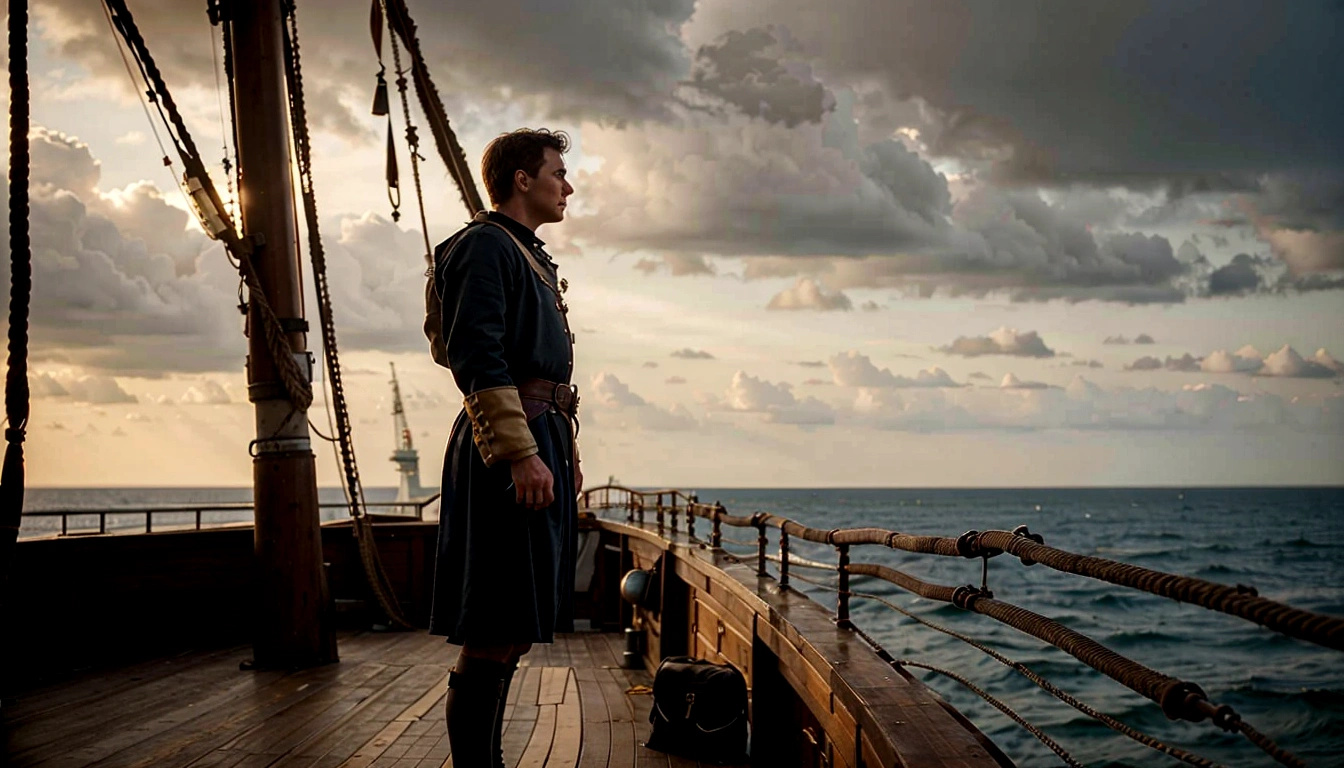 An intrepid explorer standing on a ship's deck, gazing out at the horizon with determination, Christoph Colomb, 15. Century
