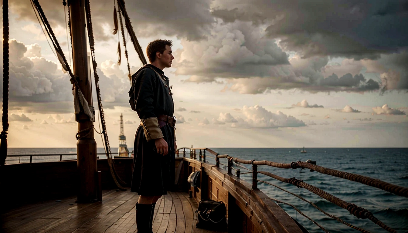 An intrepid explorer standing on a ship's deck, gazing out at the horizon with determination, Christoph Colomb, 15. Century
