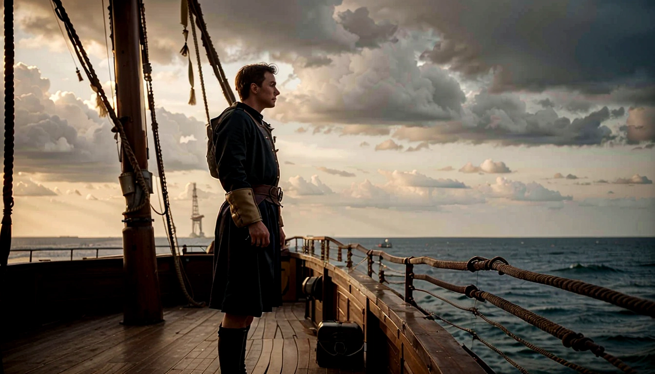 An intrepid explorer standing on a ship's deck, gazing out at the horizon with determination, Christoph Colomb, . Century