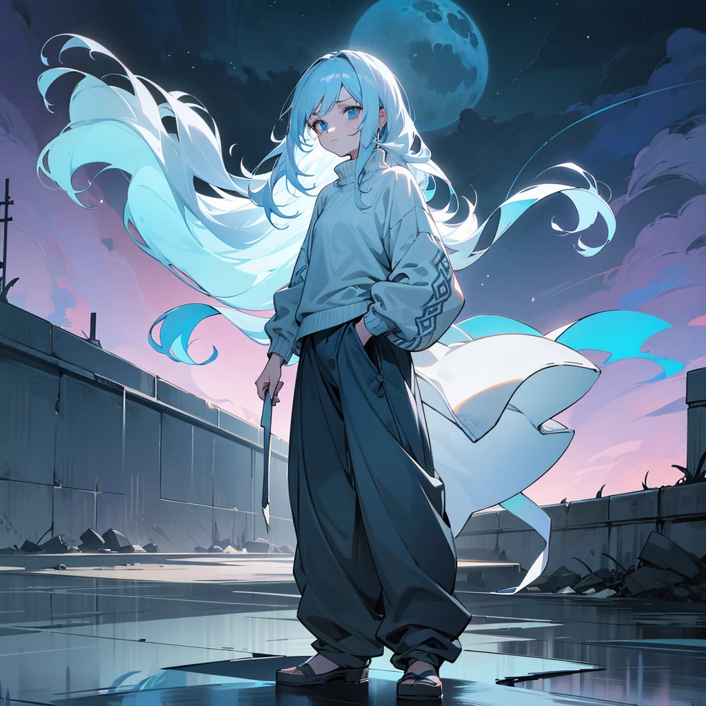 1female, adult, finely detailed sky blue eyes, wavy medium hair, pale azure hair, sweater, baggy pants, standing on ruined building, night time, serious expression