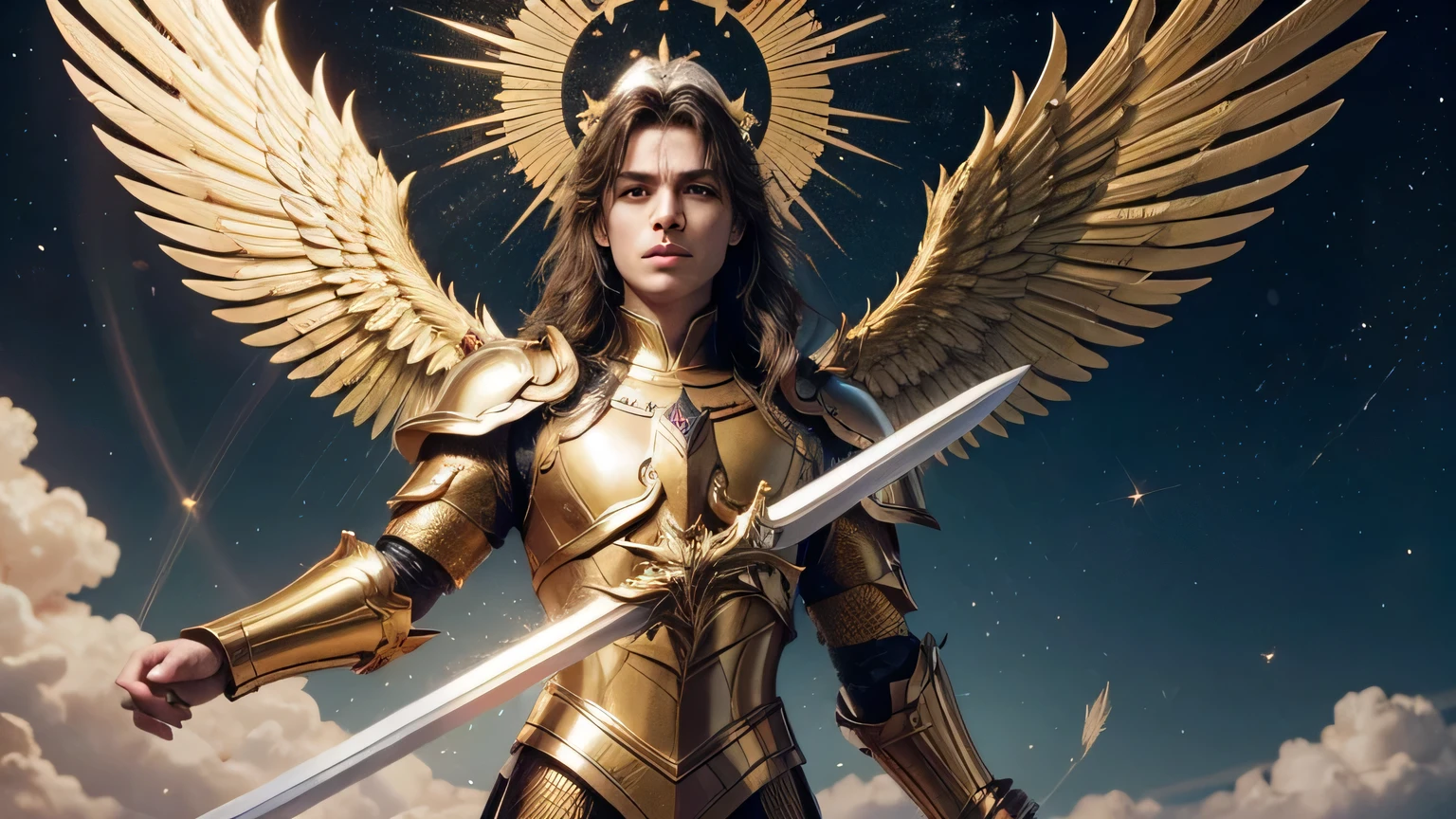 "Create a high-definition illustration of Archangel Gabriel. Gabriel should be depicted wearing a detailed celestial armor with golden ornaments, holding a resplendent sword emitting a divine light. He has large, majestic wings with white and golden feathers, radiating a celestial aura. Gabriel's expression should be serene and determined, reflecting his divine nature. The background should be a heavenly scene with golden clouds and divine rays of light, highlighting the details of his armor and wings. Gabriel should be in a commanding pose, with one leg slightly forward and the sword raised. The sword blade should have angelic inscriptions, and the armor may include sacred symbols. The wings should have a slight golden glow at the tips of the feathers, and a soft halo around Gabriel's head to emphasize his divine nature."