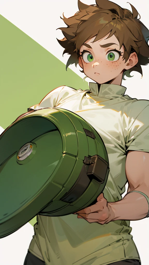A boy with short fluffy light brown hair with light green eyes with freckles and long eyelashes Buko no hero academia style With a huge whistle In underwear 