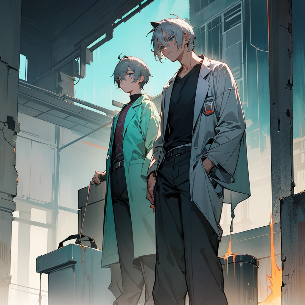 1male, adult, finely detailed turquoise eyes, wild short hair, grey hair, casual clothing, lab coat, standing on ruined building, night time, somber expression, muscular, tired, blacm bags under eyes