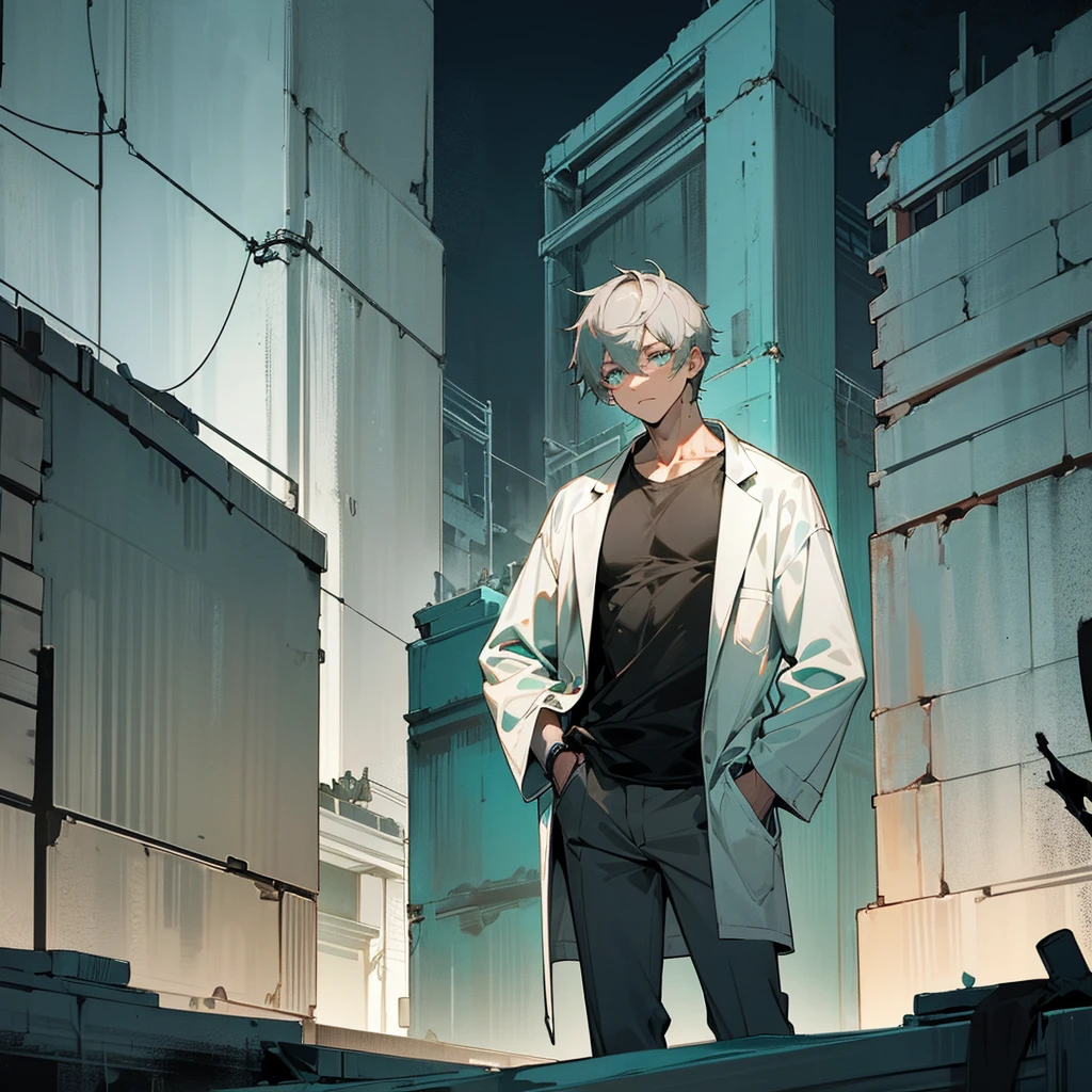 1male, adult, finely detailed turquoise eyes, wild short hair, grey hair, casual clothing, lab coat, standing on ruined building, night time, somber expression, muscular, tired, blacm bags under eyes