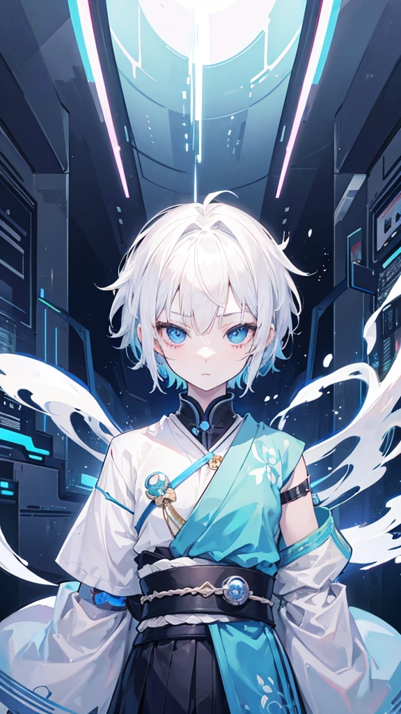 masterpiece, portrait, girl, androgynous, cyberpunk Jinbei, white hair, natural short cut, bobbed hair, light blue eyes, white skin, transparent pigmentation, short stature, young appearance, ghost, highest quality