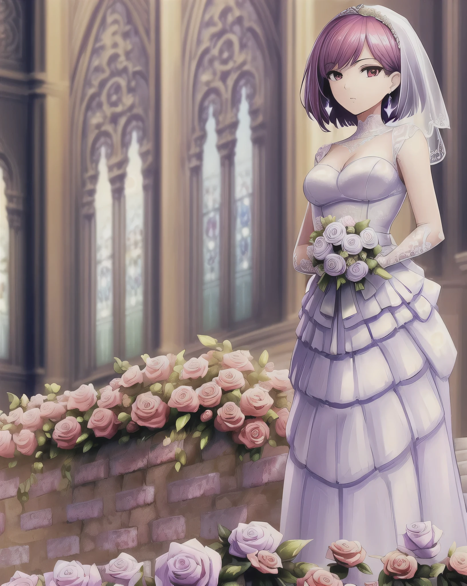 ((masterpiece)),(((Highest quality))), ((Super detailed)), ((figure)), masterpiece, Highest quality, High resolution, {Beautiful attention to detail}, In detail, 4K wallpaper, Beautiful attention to detail, 
(alone, bride:1.2), (Purple Short Hair, Red eyes:1.0), (Attending a church wedding:1.1), (Wearing a white ruffled wedding dress:1.2), 
