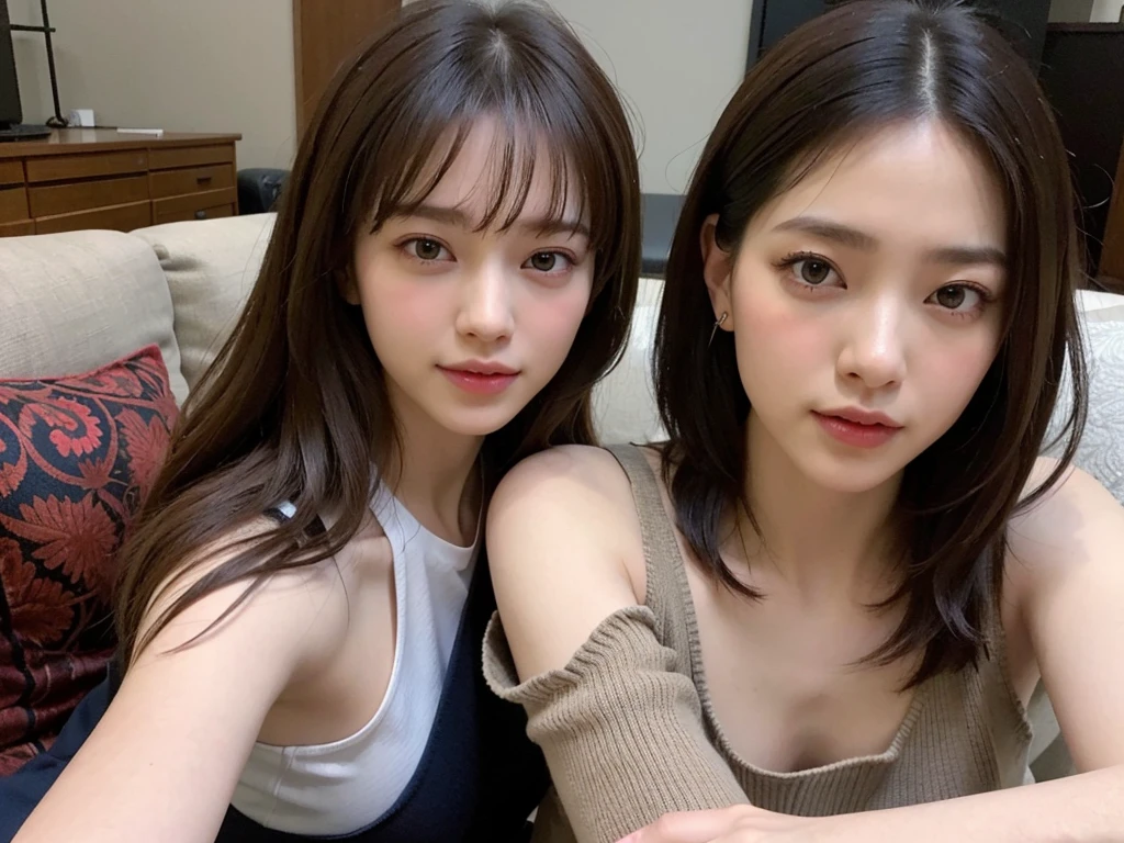 2girl,(:1.2),(small brests:1.2),(skinny:1.2),high school student,beautiful girl,(short ponytails:1.2),akb48,nogizaka46, yuri,lesbian,a photo of a woman is sticking out her tongue to taste and lick the vulva of another woman lying with her spread legs,
mouth and lips and parted lips and tongue and tongue out and licking pussy,oral,from above,extreme face close-up and pov,
