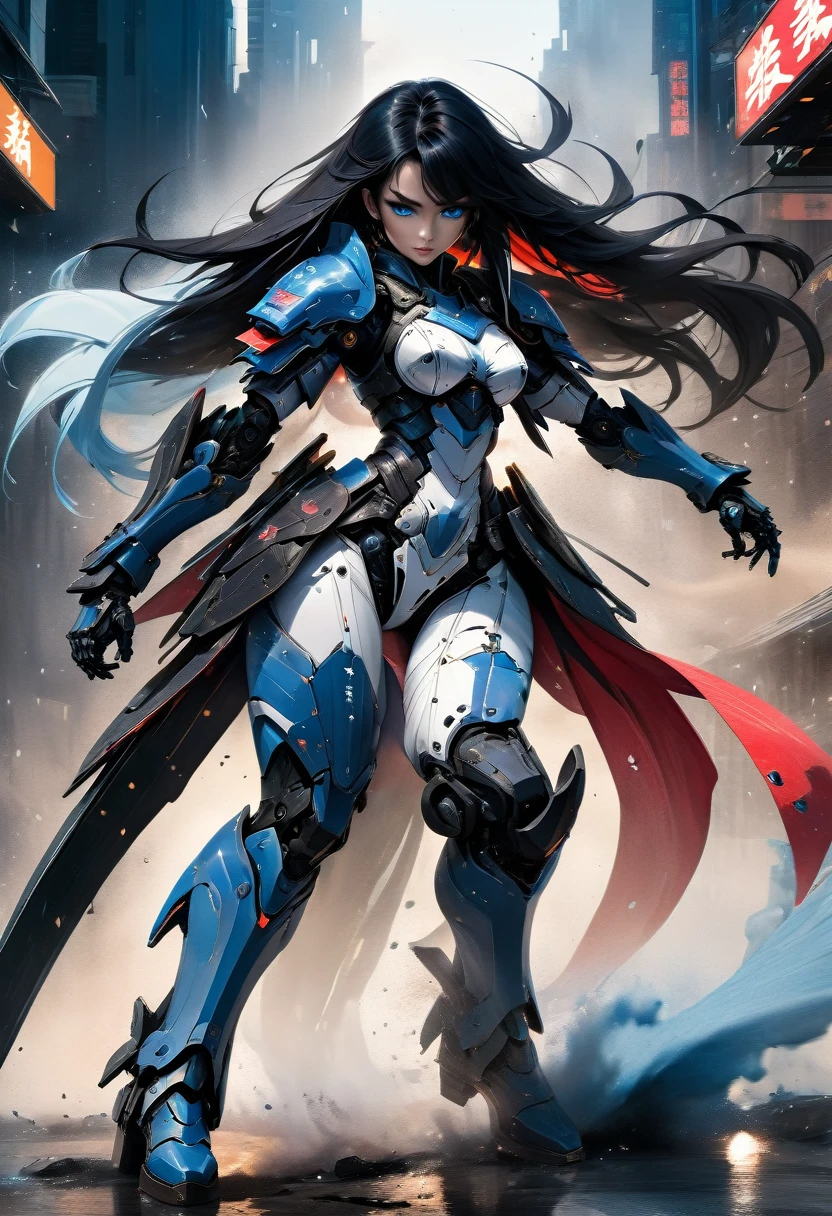 Japanese water color art picture of a mecha samurai woman in cyberpunk city, a mecha samurai woman, exquisite beautiful woman, black hair, long hair, (blue eyes: 1.3), she stands ready to battle, wearing (white mecha armor: 1.3), high heeled boots, she is armed with a (Japanese sword: 1.3), Japanese Cyberpunk city at night, background, (Masterpiece: 1.5), 16k, highres, best quality, high details, ultra detailed, masterpiece, best quality, (extremely detailed), arafed, mecha, drkfntasy