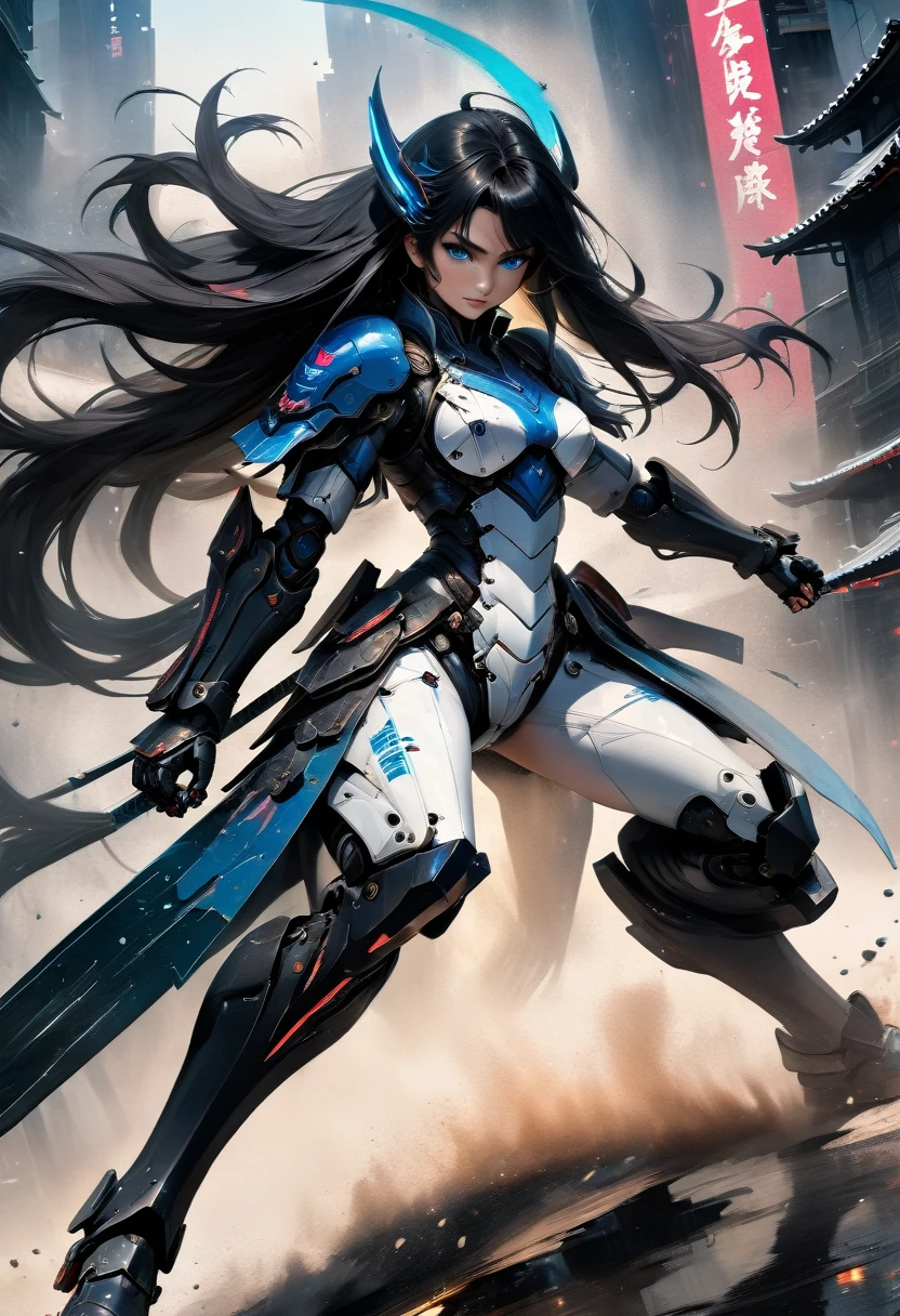 Japanese water color art picture of a mecha samurai woman in cyberpunk city, a mecha samurai woman, exquisite beautiful woman, black hair, long hair, (blue eyes: 1.3), she stands ready to battle, wearing (white mecha armor: 1.3), high heeled boots, she is armed with a (Japanese sword: 1.3), Japanese Cyberpunk city at night, background, (Masterpiece: 1.5), 16k, highres, best quality, high details, ultra detailed, masterpiece, best quality, (extremely detailed), arafed, mecha, drkfntasy