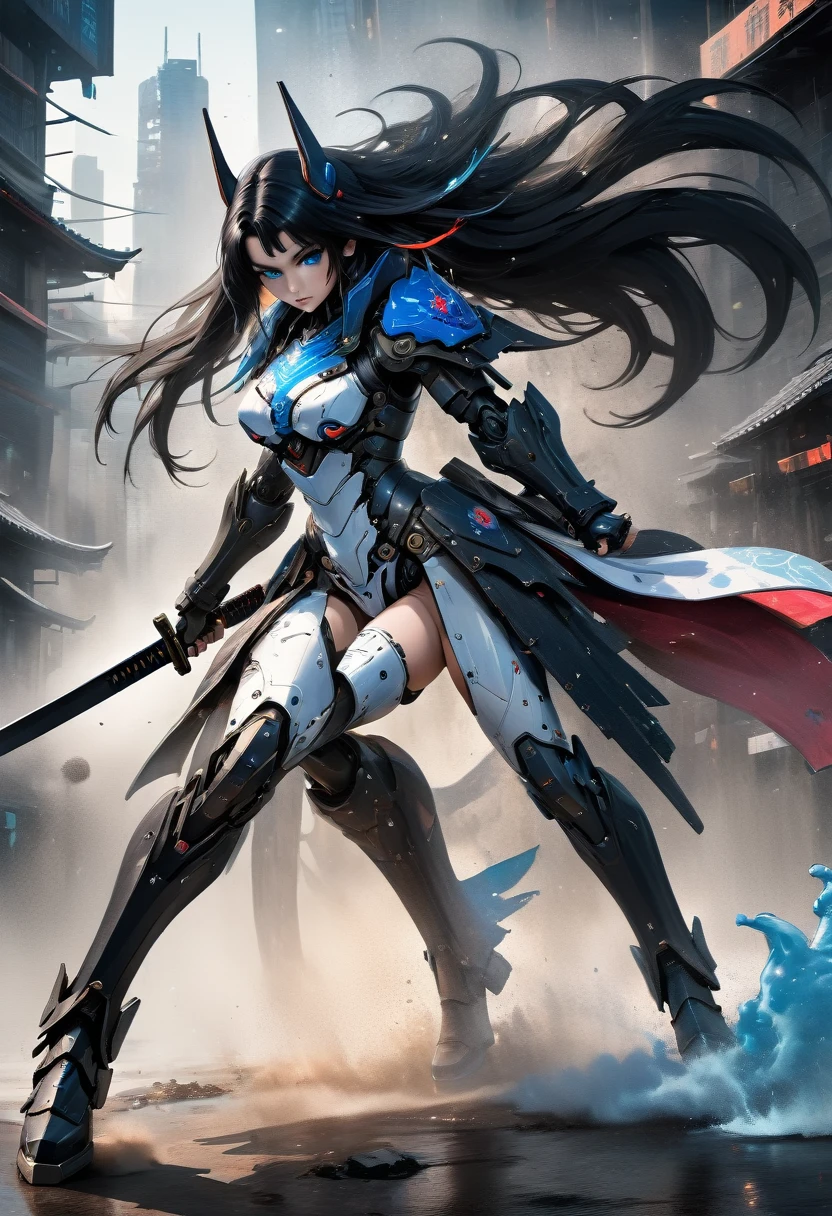 Japanese water color art picture of a mecha samurai woman in cyberpunk city, a mecha samurai woman, exquisite beautiful woman, black hair, long hair, (blue eyes: 1.3), she stands ready to battle, wearing (white mecha armor: 1.3), high heeled boots, she is armed with a (Japanese sword: 1.3), Japanese Cyberpunk city at night, background, (Masterpiece: 1.5), 16k, highres, best quality, high details, ultra detailed, masterpiece, best quality, (extremely detailed), arafed, mecha, drkfntasy