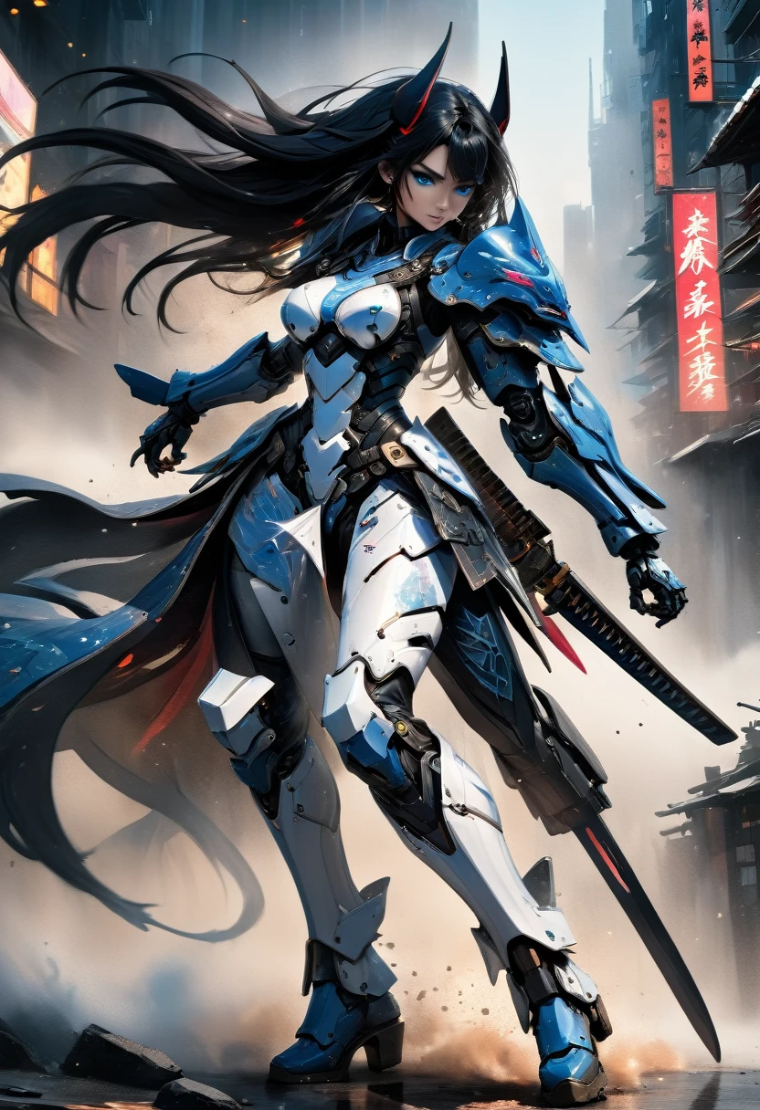 Japanese water color art picture of a mecha samurai woman in cyberpunk city, a mecha samurai woman, exquisite beautiful woman, black hair, long hair, (blue eyes: 1.3), she stands ready to battle, wearing (white mecha armor: 1.3), high heeled boots, she is armed with a (Japanese sword: 1.3), Japanese Cyberpunk city at night, background, (Masterpiece: 1.5), 16k, highres, best quality, high details, ultra detailed, masterpiece, best quality, (extremely detailed), arafed, mecha, drkfntasy