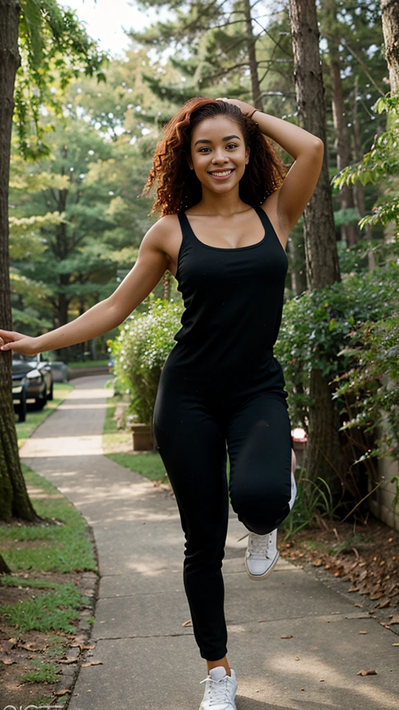 a perfect photo of a pretty woman wearing [jeans:black joggers:2] [smirking:grinning:1] while [sitting on a log:standing:1] in the woods, arms out, looking at me, [:long curly hair:2], [:blue tanktop:1], [:smiling eyes:4]