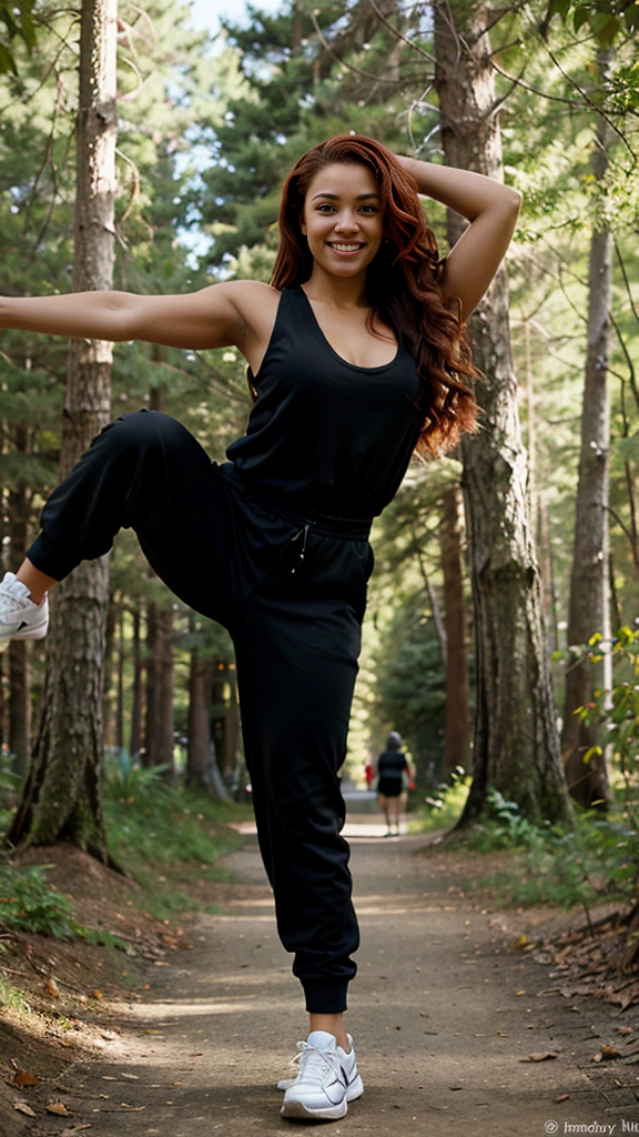 Realistic photo, full body, head to toe, full body, body and hair in motion, smiling, she's moving. She jumps in the air. Her 2 feet lift off the ground.
In the forest, on a path, there are tall trees all around.
She's wearing a sexy black street wear fashion jumpsuit, and a red high-top sneaker.
realistic 1 woman, photorealistic portrait of a young African-American woman of mixed race, dark skin with freckles near the nose, realistic skin texture, fine round facial features, black eyes with long black lashes, defined eyebrows, well-defined lips with evening make-up, athletic physique, medium-length curly red hair, tight curly hair, red hair