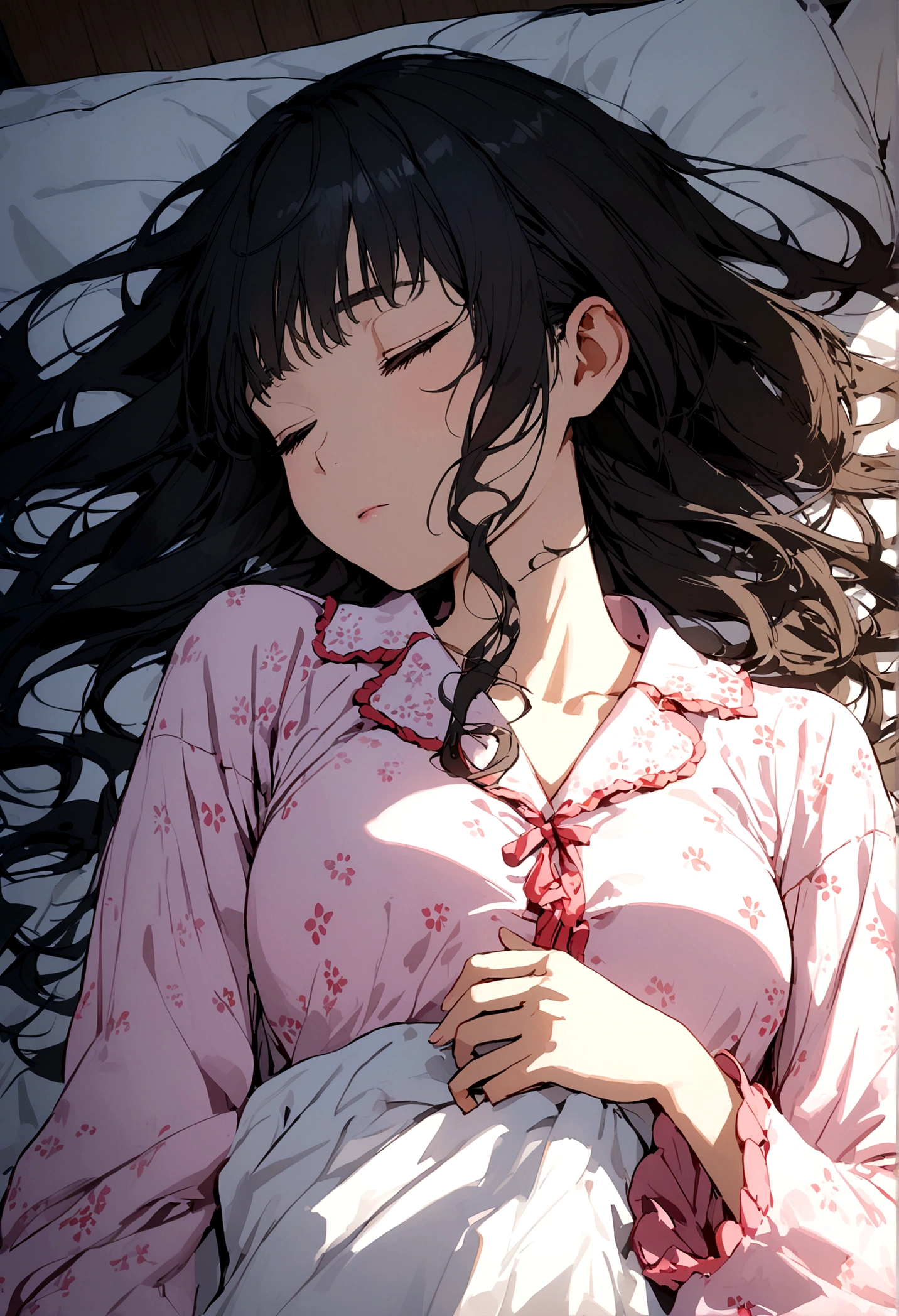 Black Haired Beautiful Girl Japanese pajamas Are sleeping bed