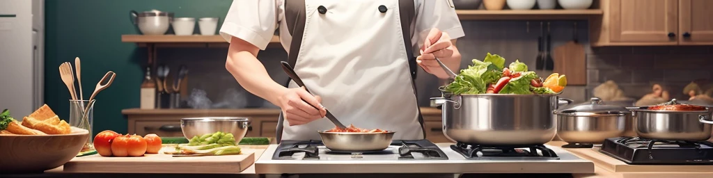 reate a dynamic and inviting image for our online cooking event. The design should capture the essence of culinary creativity and community. Incorporate elements such as:
Cooking Atmosphere: Showcase a kitchen or cooking setup that conveys a sense of activity and preparation.
Diverse Cuisine: Include visual cues that represent a variety of global culinary traditions, celebrating diversity in food.
Digital Integration: Incorporate subtle digital elements to reflect the online nature of the event, such as digital screens or interfaces.
Community Spirit: Highlight interaction and sharing among participants, possibly through imagery of chefs cooking together or sharing recipes.
The image should be visually appealing, vibrant, and evoke a sense of excitement and camaraderie among participants in our online cooking community.