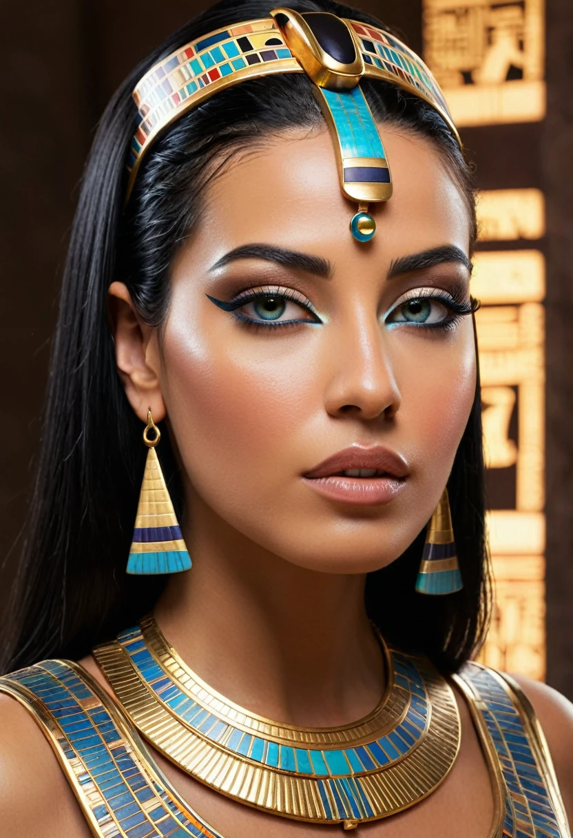 A hyper-realistic shot of a very beautiful white Egyptian pharaonic queen, with glowing colored pharaonic lighting projected onto her face and neck. The pharaonic queen's eyes are expressive and reflective, partially obscured by her long, silky black hair. The glowing or high-tech pharaonic interface with various digital and pharaonic graphics, including pharaonic symbols, hieroglyphs, and digital hieroglyphic data resembling a dashboard, is spread across parts of her face, neck, and upper body, giving the image a somewhat pharaonic and spiritual appearance. The overall color scheme is dominant, with a strong contrast between the illuminated text and the illuminated background. The lighting highlights her facial features, emphasizing her features and the text, creating a cinematic and high-tech atmosphere.