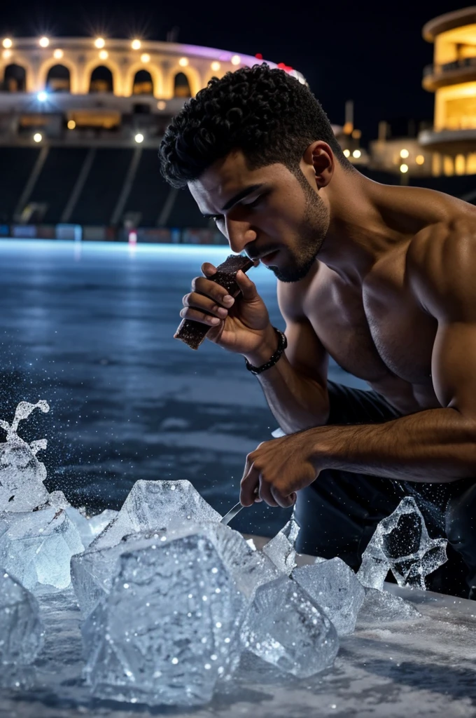 Chico de 14, pelo negro, comiendo una fruta de hielo sobre la arena en la noche