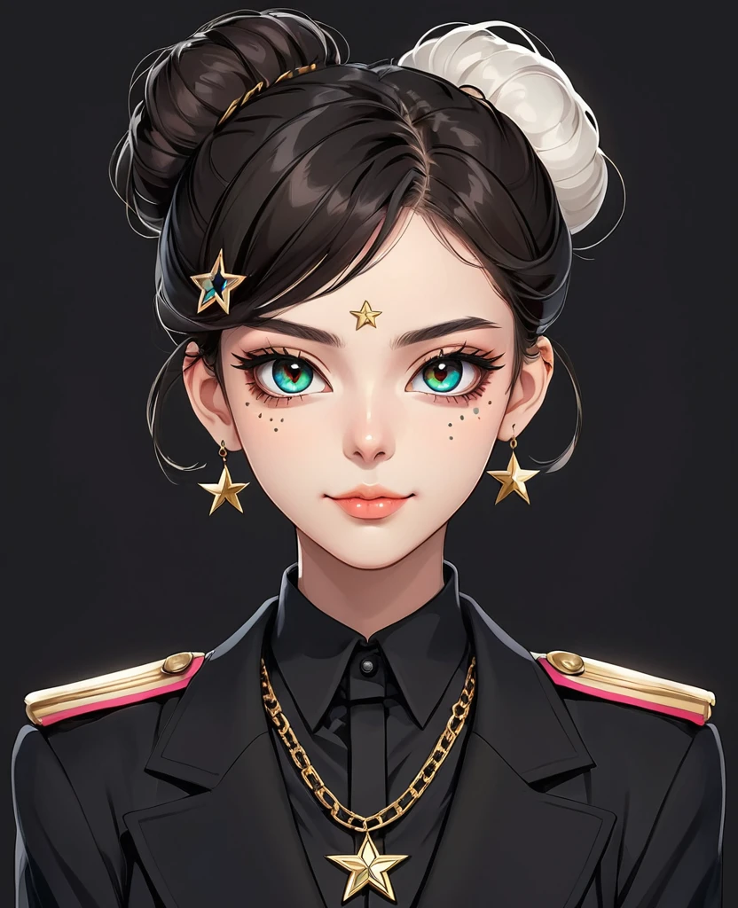 (Digital Illustration，Detailed anime style girl portrait，Solitary，symmetry)，(Big colorful eyes，Fashionable and exquisite facial features，Exquisite makeup，Sweet smile，Star symbol mark on cheek，Soulful gaze，)，(Fluffy bun，Hairpin)，(Black suit，Epaulettes-Chain，cool，)，Clean and simple white background，(((Correct human ???????)))