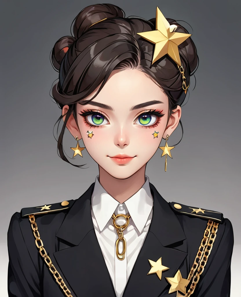 (Digital Illustration,Detailed anime style girl portrait,Solitary,symmetry),(Big colorful eyes,Fashionable and exquisite facial features,Exquisite makeup,Sweet smile,Star symbol mark on cheek,Soulful gaze,),(Fluffy bun,Hairpin),(Black suit,Epaulettes-Chain,cool,),Clean and simple white background,(((Correct human anatomy)))