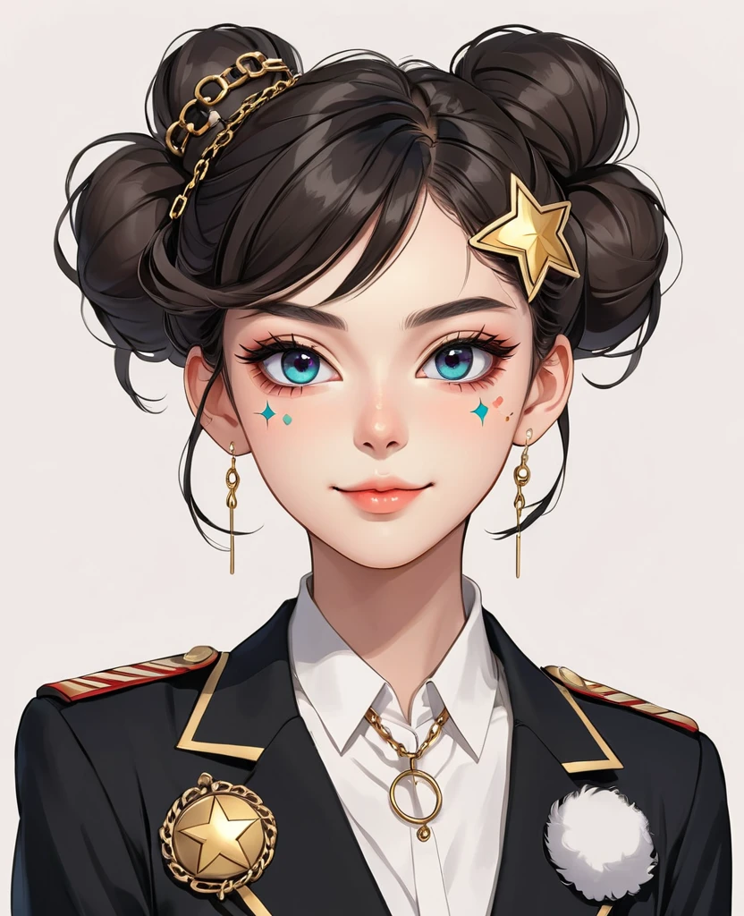 (Digital Illustration,Detailed anime style girl portrait,Solitary,symmetry),(Big colorful eyes,Fashionable and exquisite facial features,Exquisite makeup,Sweet smile,Star symbol mark on cheek,Soulful gaze,),(Fluffy bun,Hairpin),(Black suit,Epaulettes-Chain,cool,),Clean and simple white background,(((Correct human anatomy)))